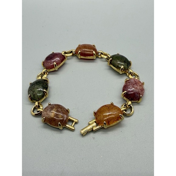 Liz Claiborne Jewelry - Liz Claiborne Acrylic Bracelet Gold Tone Link Multicolor Cabochon Chunky Vintage